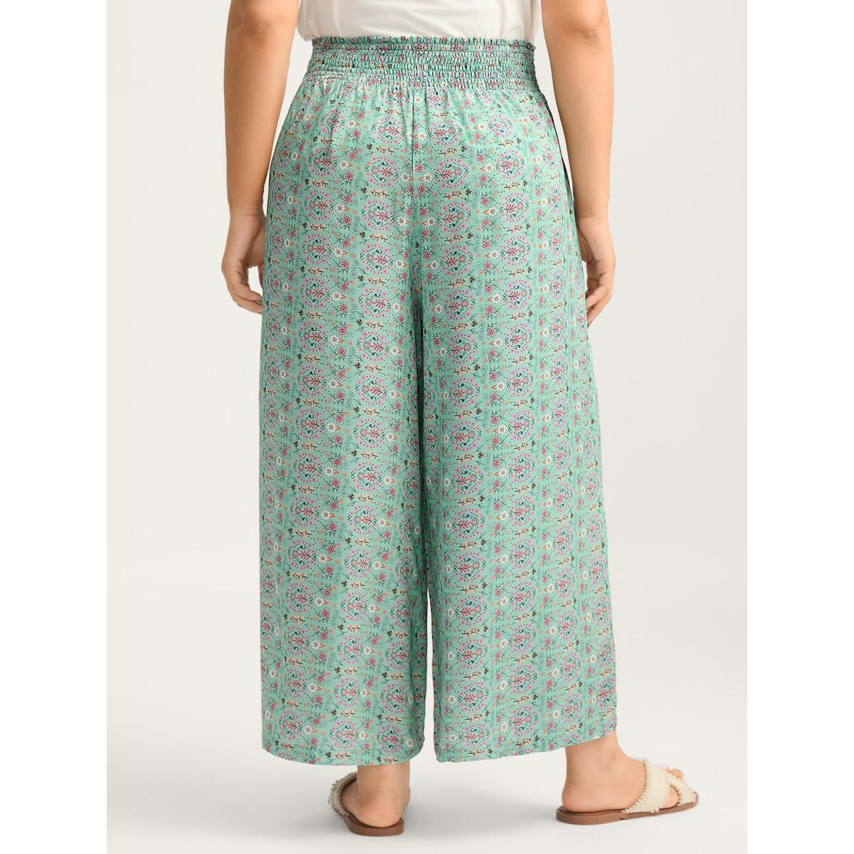 Plus Size Shirred Waist Floral Print Wide-Leg Pants Women Malachitegreen Beach Wide Leg Mid Rise Vacation Pants BloomChic 10/M Product Image