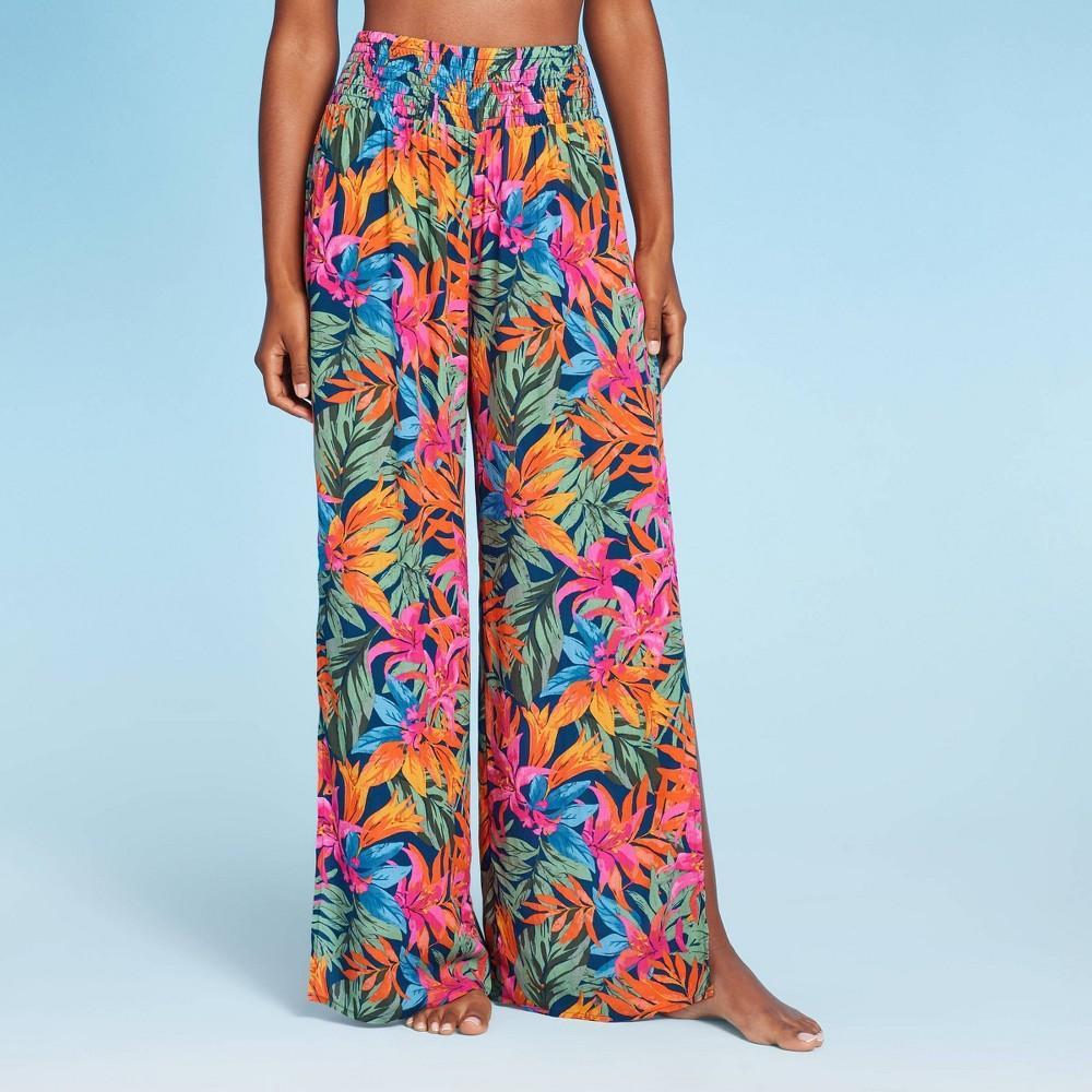 Womens Smocked Waist Side Slit Cover Up Pants - Shade & Shore Multi Tropical Floral Print 1X Product Image