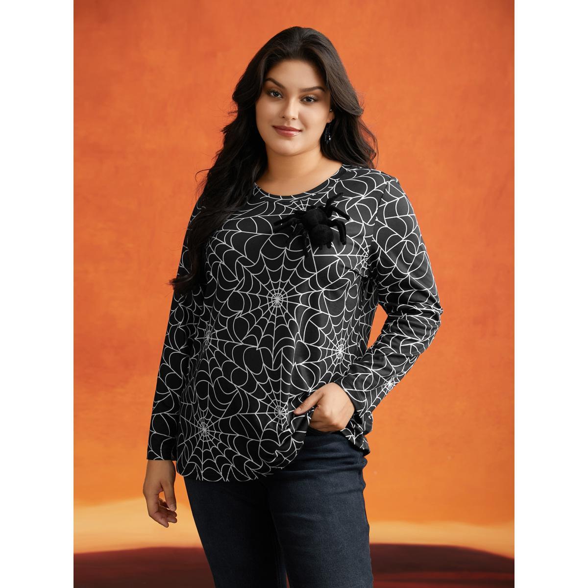 Plus Size 3D Spider Printed Slim-Fit T-shirt Black Women Casual Patchwork Halloween Round Neck Bodycon Everyday T-shirts BloomChic 10/M Product Image