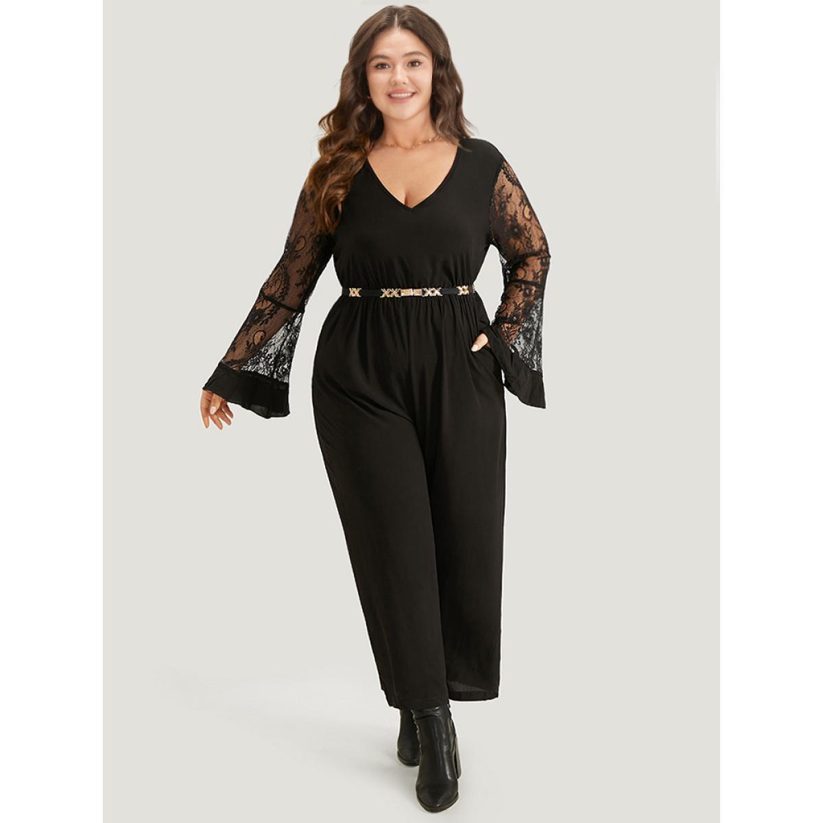 Plus Size Black Halloween Plain Mesh Eyelet Lace Pocket Jumpsuit Women Elegant Long Sleeve V-neck Festival-Halloween Loose Jumpsuits BloomChic 22-24/3X Product Image