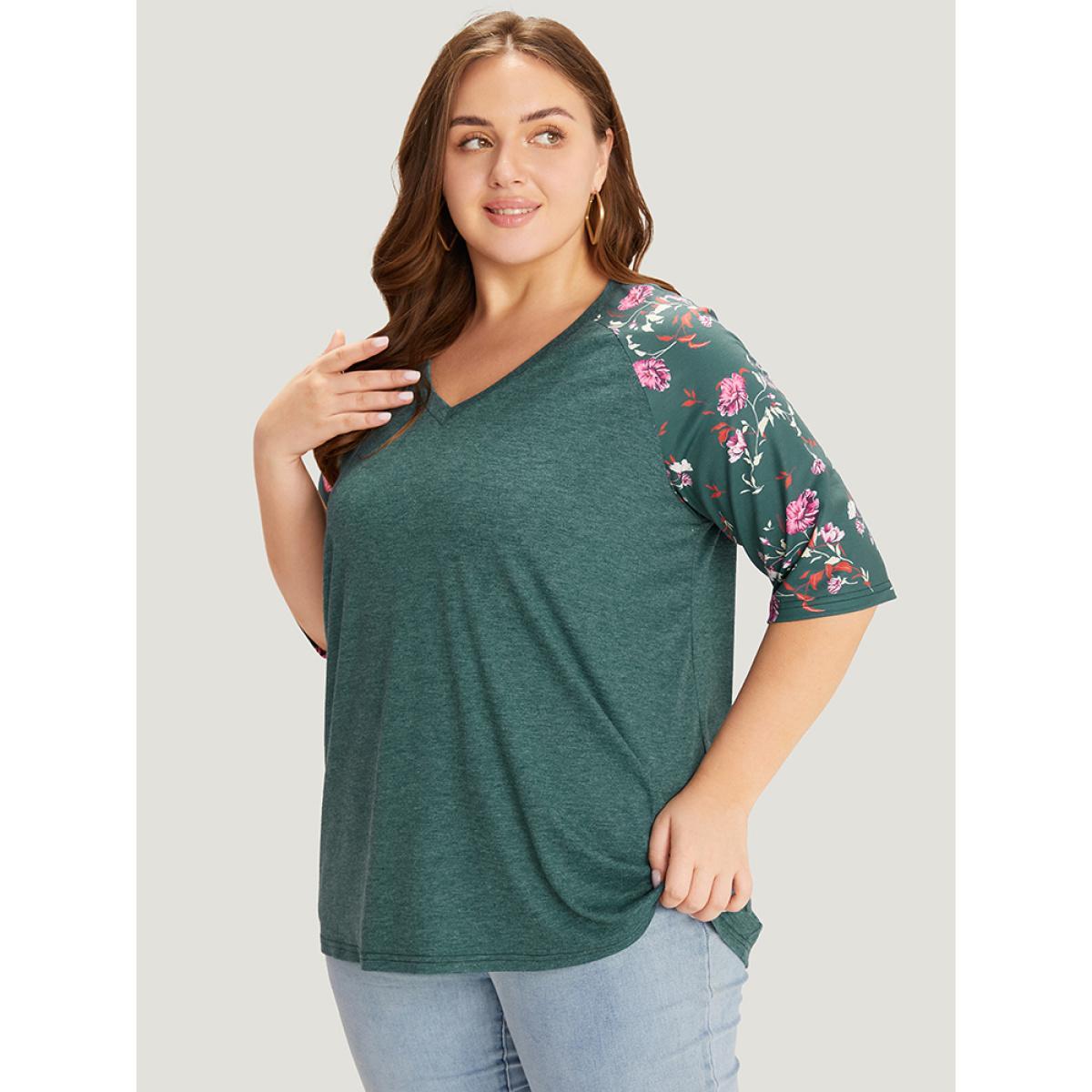 Plus Size Floral Patchwork Raglan Sleeve T-shirt DarkGreen Women Elegant Patchwork Floral V-neck Work T-shirts BloomChic 26/4X Product Image