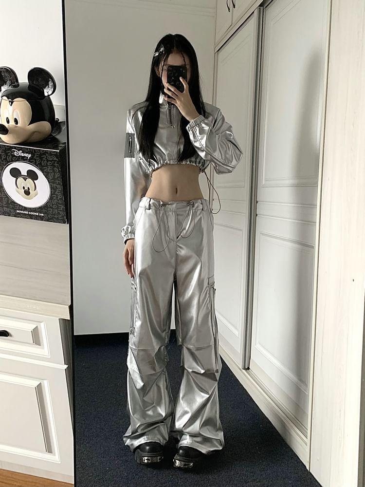Low Rise Plain Wide Leg Cargo Pants / Half-Zip Cropped Pullover / Se Product Image