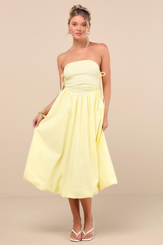 Chrissa Light Yellow Strapless Drawstring Midi Dress Product Image