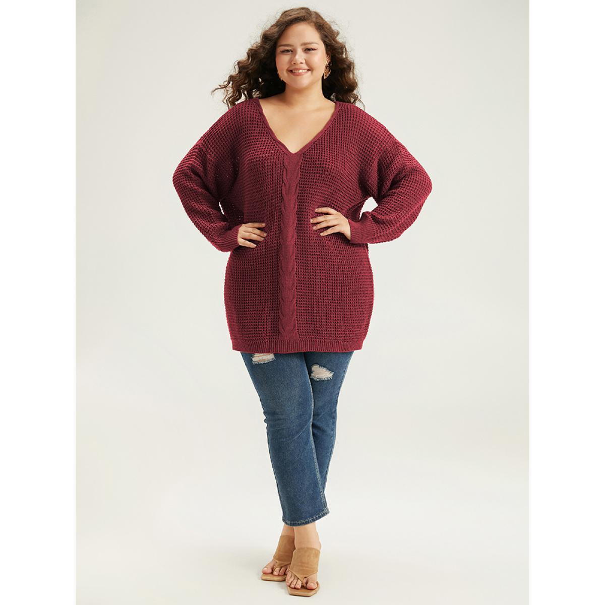 Plus Size Cable Knit Plain Elastic Cuffs Pullover Burgundy Women Casual Loose Long Sleeve V-neck Dailywear Pullovers BloomChic 18-20/2X Product Image