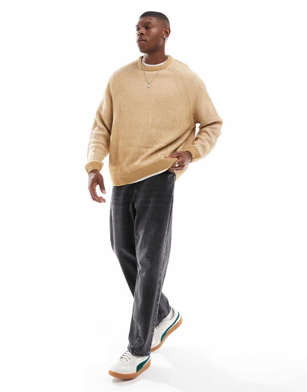 ASOS DESIGN oversized rib knit pleated fisherman sweater in brown Product Image