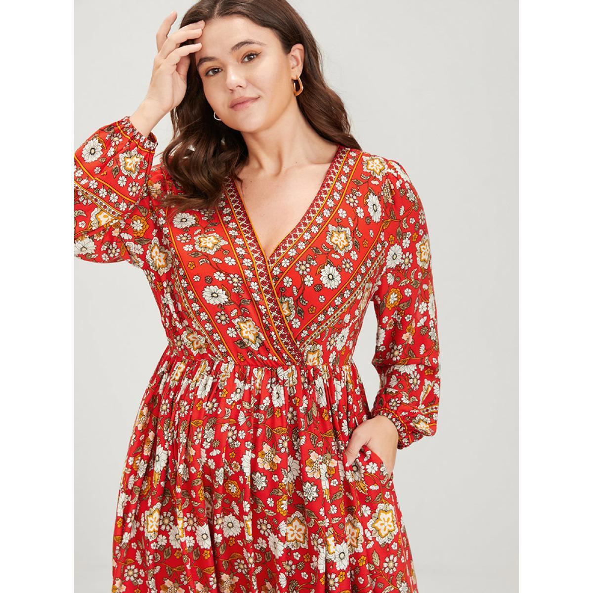 Plus Size Floral Split Pocket Wrap Lantern Sleeve Ruffled Maxi Dress Red Women Vacation Wrap V-neck Long Sleeve Curvy Long Dress BloomChic 12/L Product Image