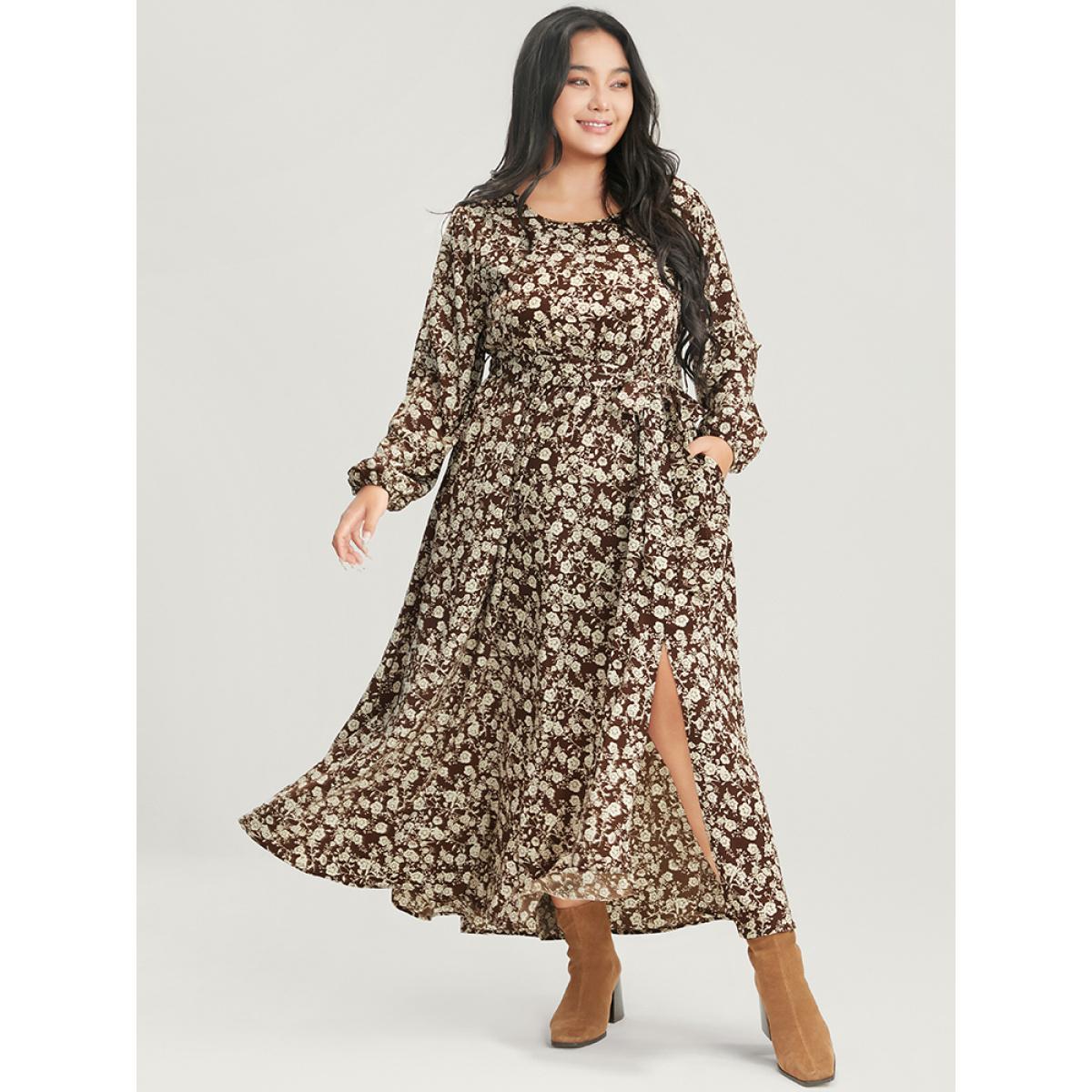Plus Size Floral Pocket Lantern Sleeve Belted Split Hem Dress DarkBrown Women Elegant Belted Round Neck Long Sleeve Curvy Long Dress BloomChic 26/4X Product Image