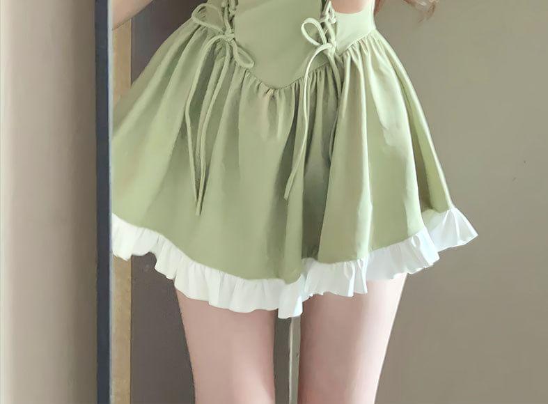 Cap-Sleeve Two Tone Bow Lace-Up Swim Dress Product Image
