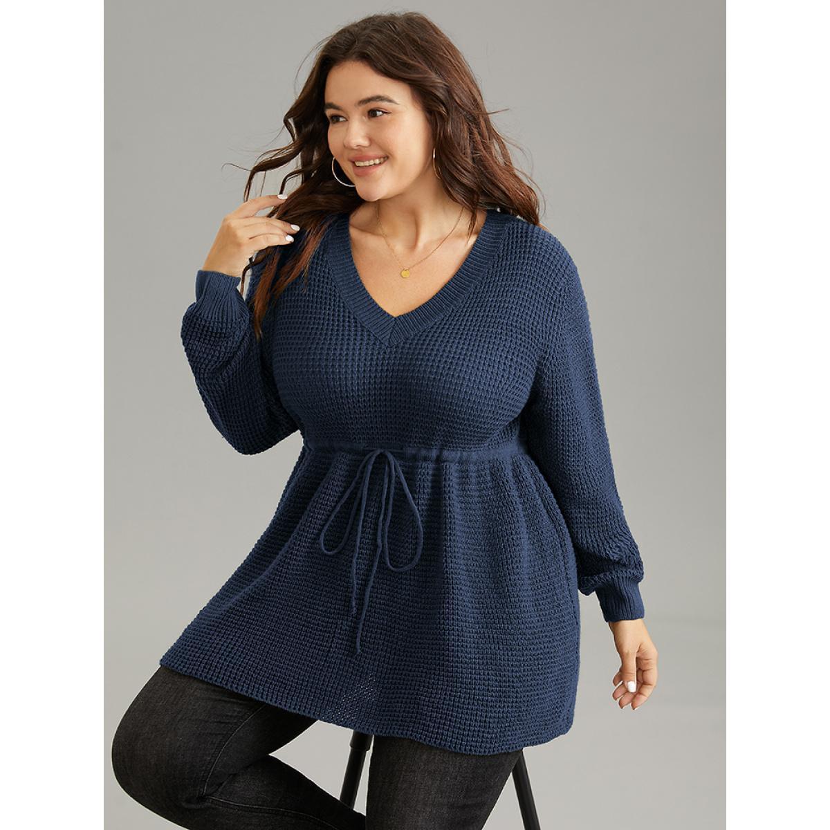 Plus Size Solid Drawstring Curved Hem Knit Pullover Midnight Women Casual Long Sleeve V-neck Everyday Pullovers BloomChic 10/M Product Image