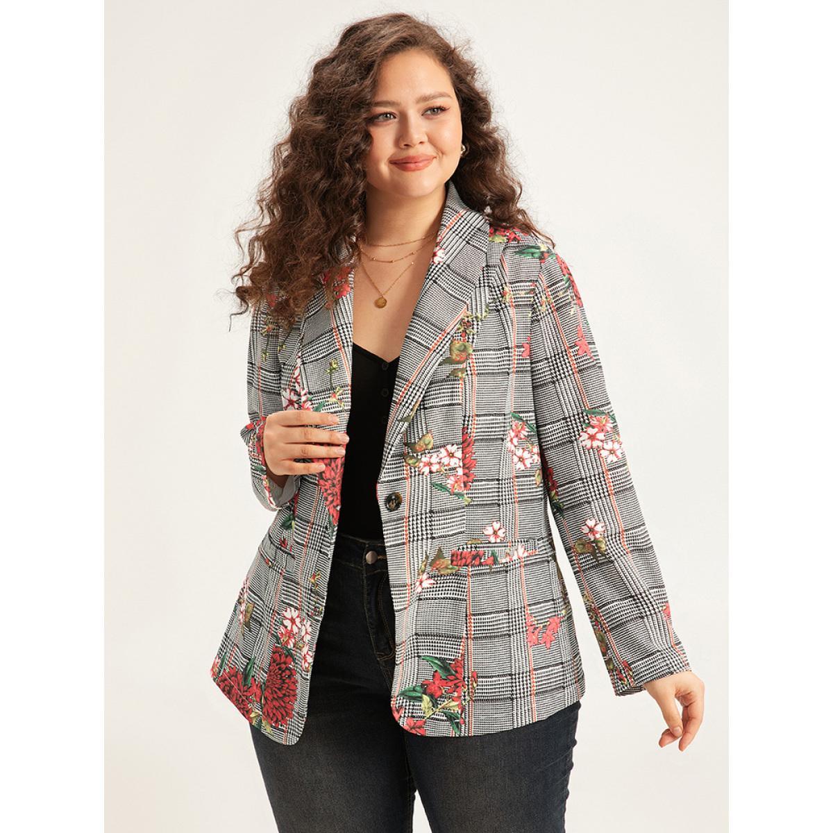 Plus Size Floral Plaid Patchwork Pocket Blazer Multicolor Women Dailywear Plaid Printed Sleeve Long Sleeve Lapel Collar 14-16/1X Pocket Elegant Blazers BloomChic Product Image