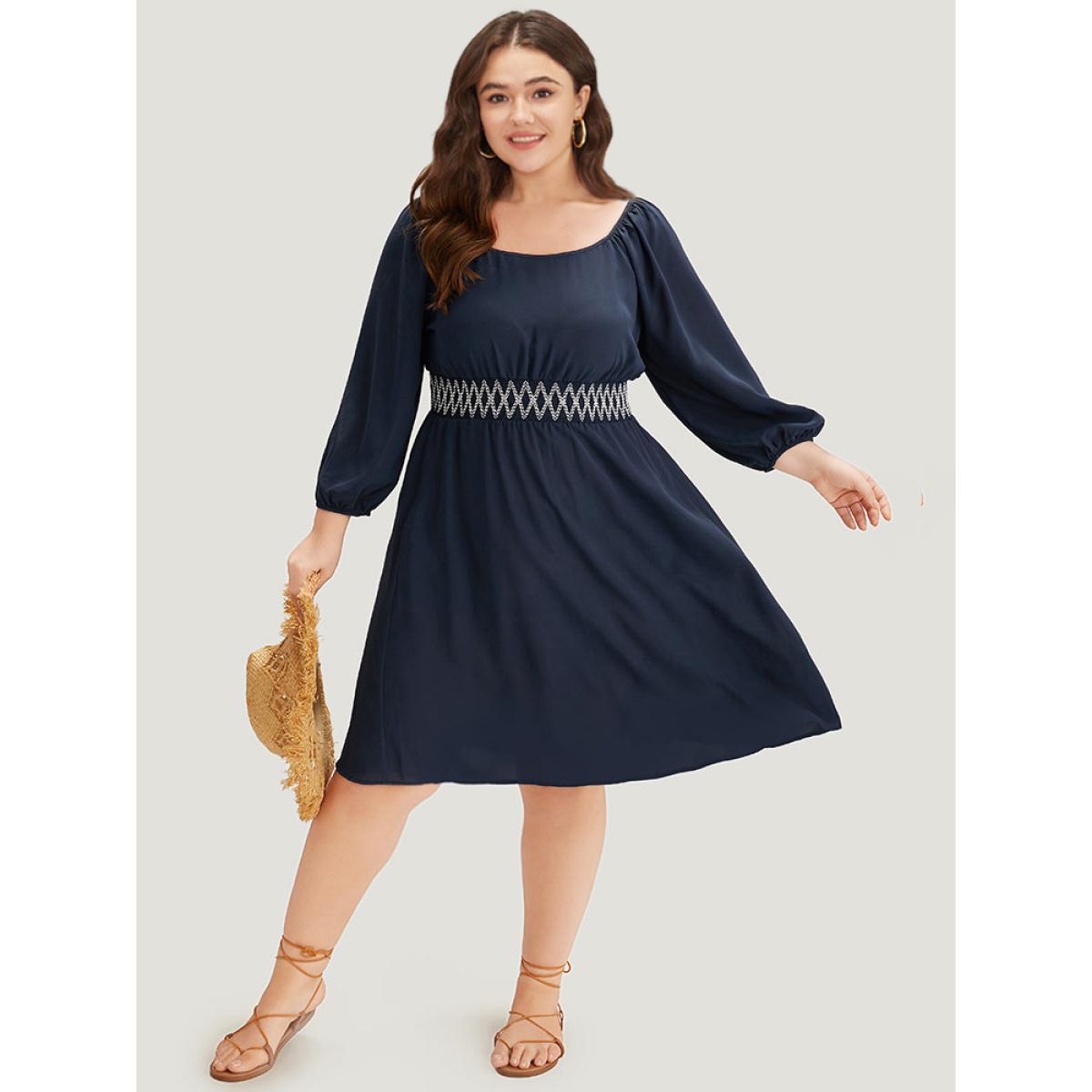 Plus Size Bandana Shirred Square Neck Lantern Sleeve Dress DarkBlue Women Vacation Elastic cuffs Square Neck Long Sleeve Curvy Midi Dress BloomChic 14-16/1X Product Image