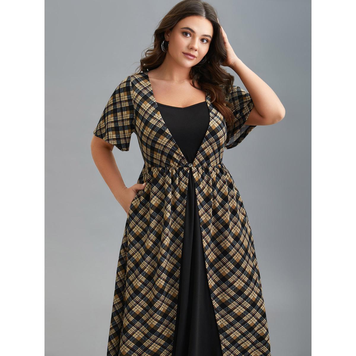 Plus Size Plaid Color-Block Ruched Open Midi Dress Tan Women Casual Patchwork Heart neckline Short sleeve Curvy BloomChic 22-24/3X Product Image