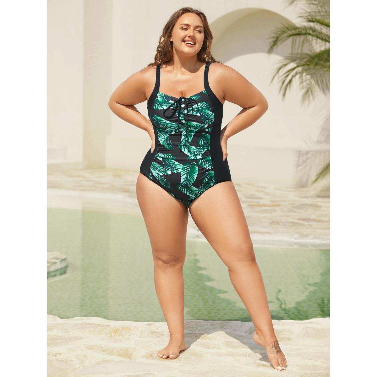 Plus Size Tropical Pattern Tied One-Piece Swimsuit Women's Swimwear Black Beach Gathered Curve Bathing Suits High stretch One Pieces BloomChic 18-20/2X Product Image