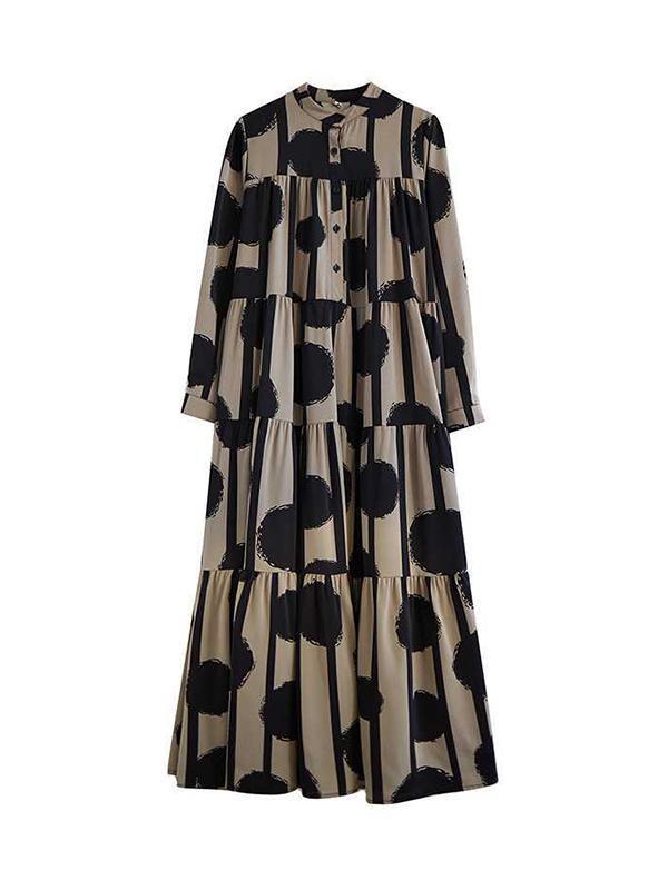 A-Line Long Sleeves Buttoned Pleated Polka-Dot Split-Joint Stand Collar Maxi Dresses Shirt Dress Product Image