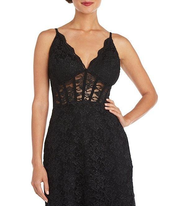Morgan & Co. Sleeveless Spaghetti Strap Scalloped V-Neck Illusion Corset-Bodice Slit Hem Long Glitter Lace Dress Product Image