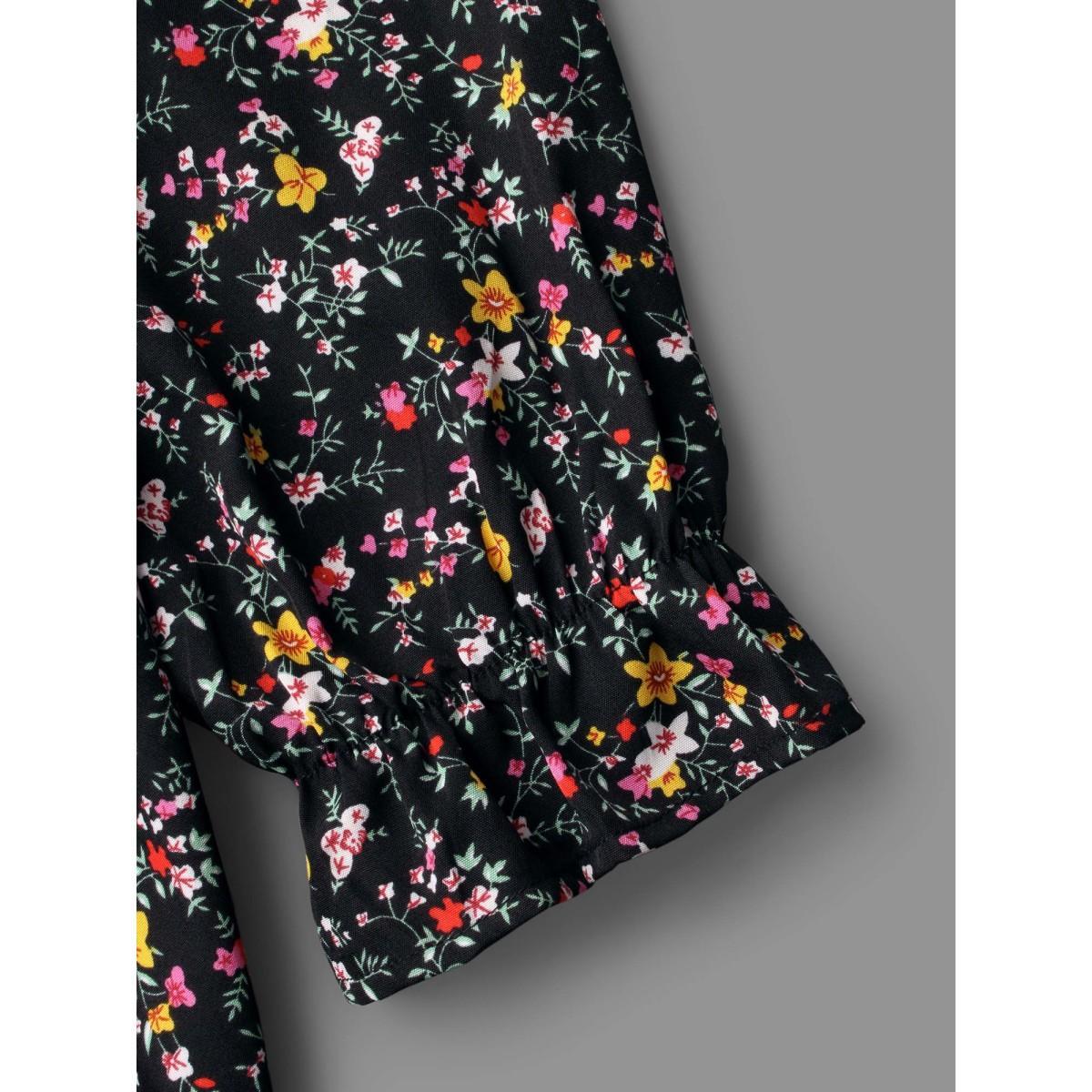 Plus Size Black Ditsy Floral Heart Neckline Gathered Blouse Women Elegant Long Sleeve Heart neckline Everyday Blouses BloomChic 14-16/1X Product Image