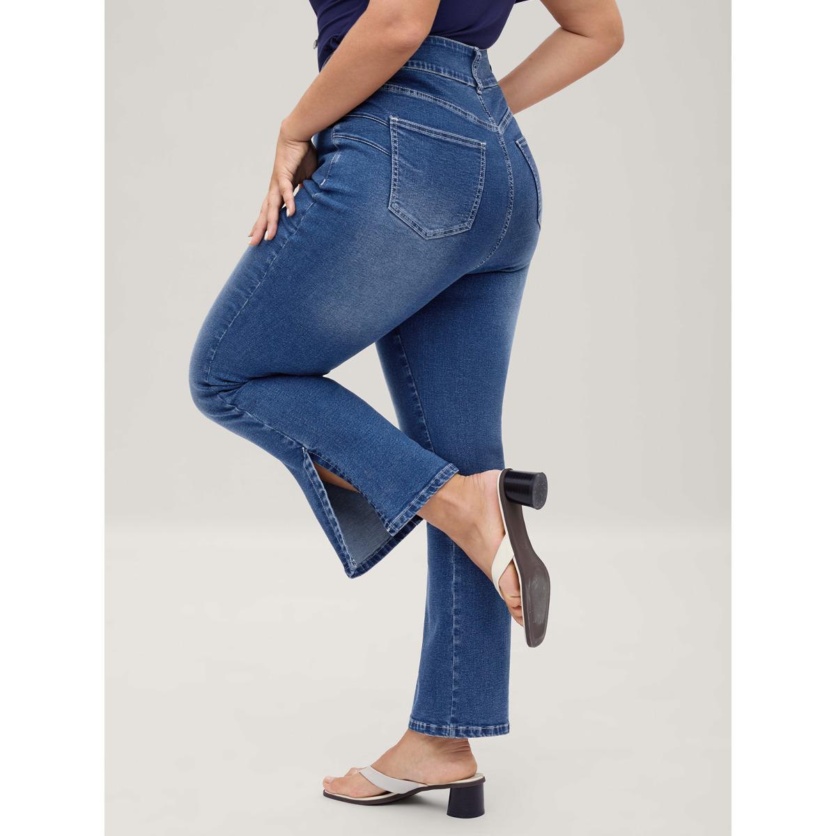 Plus Size Stretch No-Gap Waist Slit Hem Jeans Women Midblue Casual Slit High stretch Slanted pocket Jeans BloomChic 18/2X Product Image