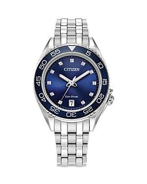 Citizen Womens Eco-Drive Carson Stainless Steel Diamond Accent Blue Dial Bracelet Watch Silver Product Image