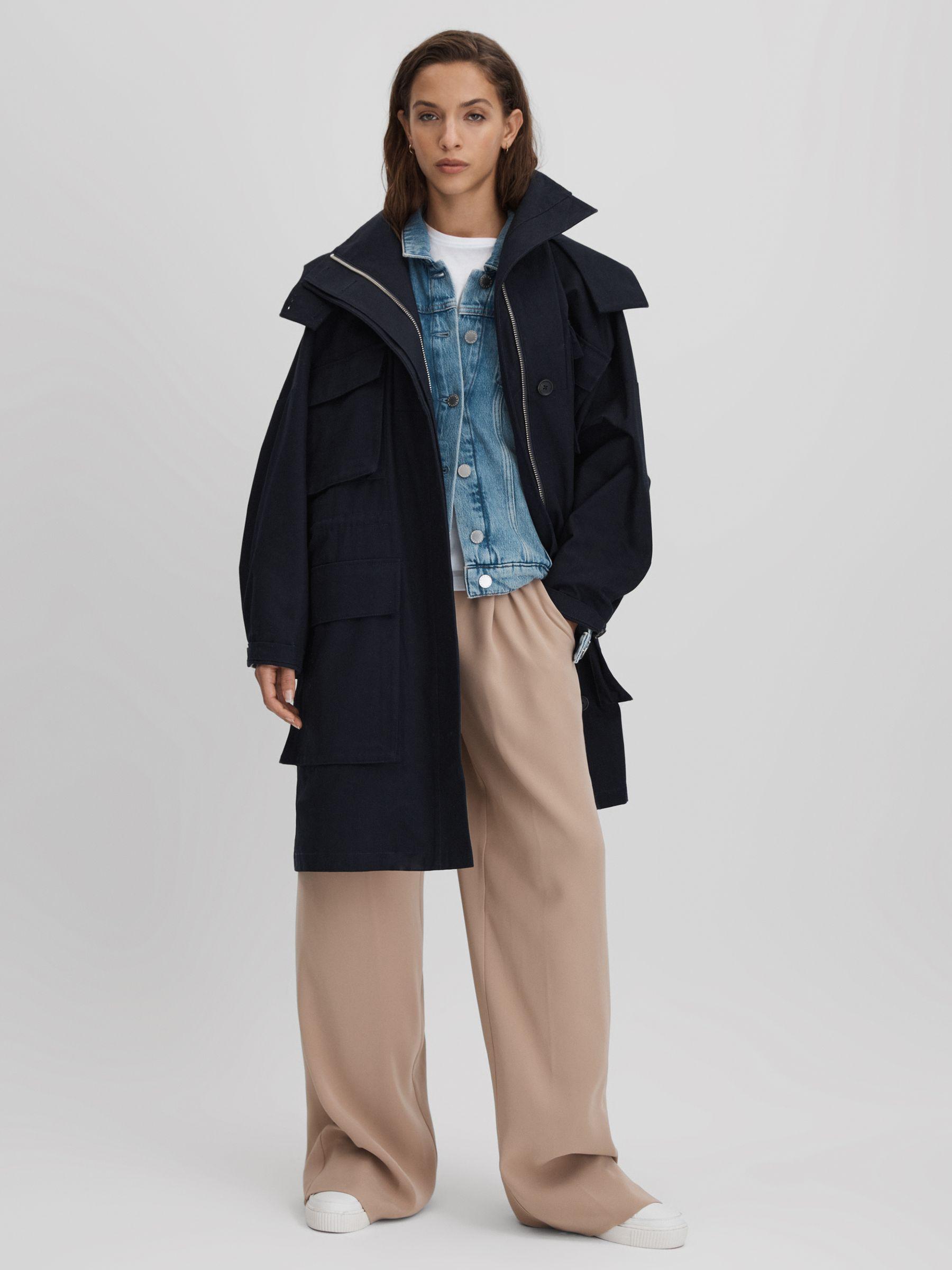 Cotton Parka Coat in Navy Product Image