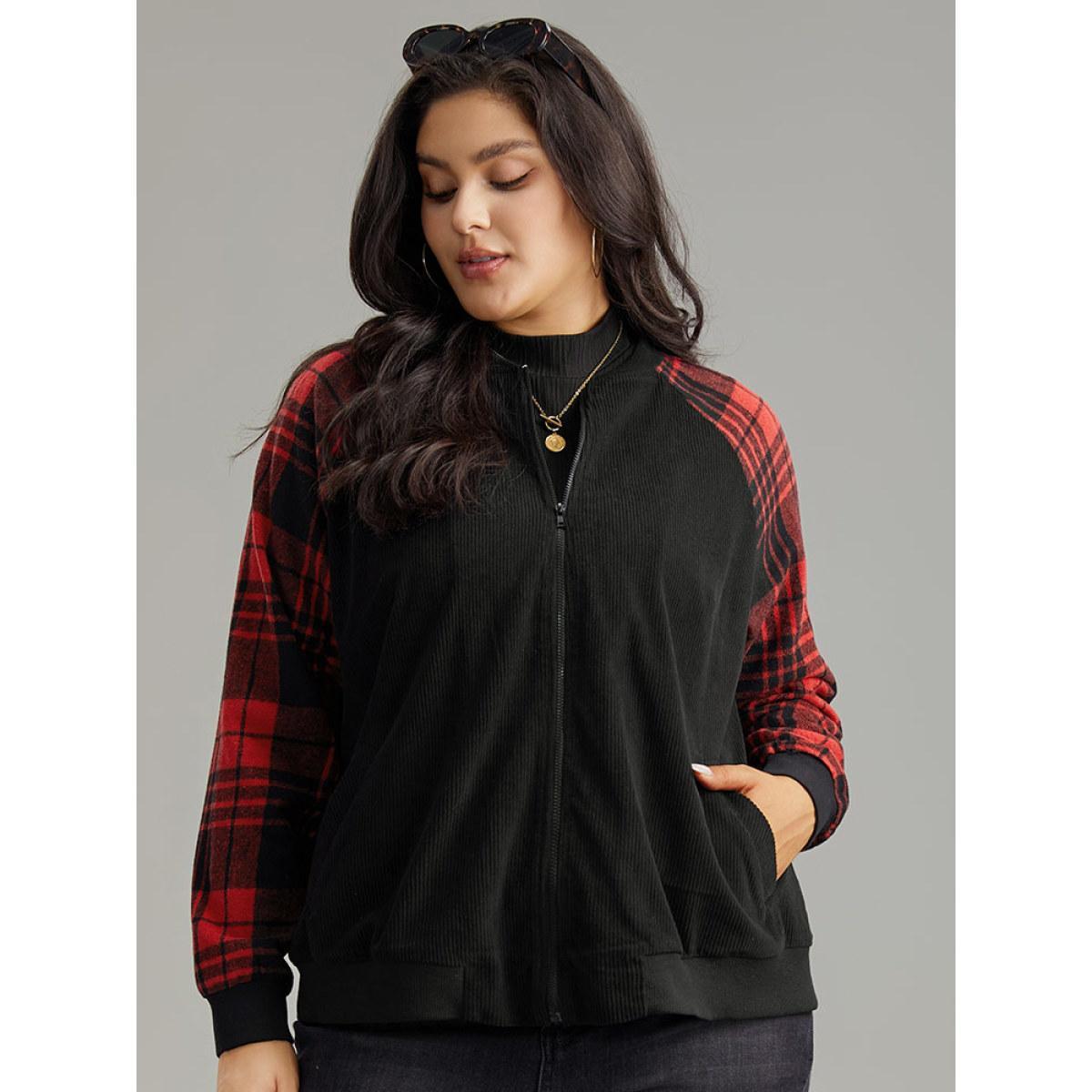Plus Size Plaid Patchwork Zipper Pocket Bomber Jacket Women Black Elastic cuffs Pocket Dailywear Jackets BloomChic 30/6X Product Image