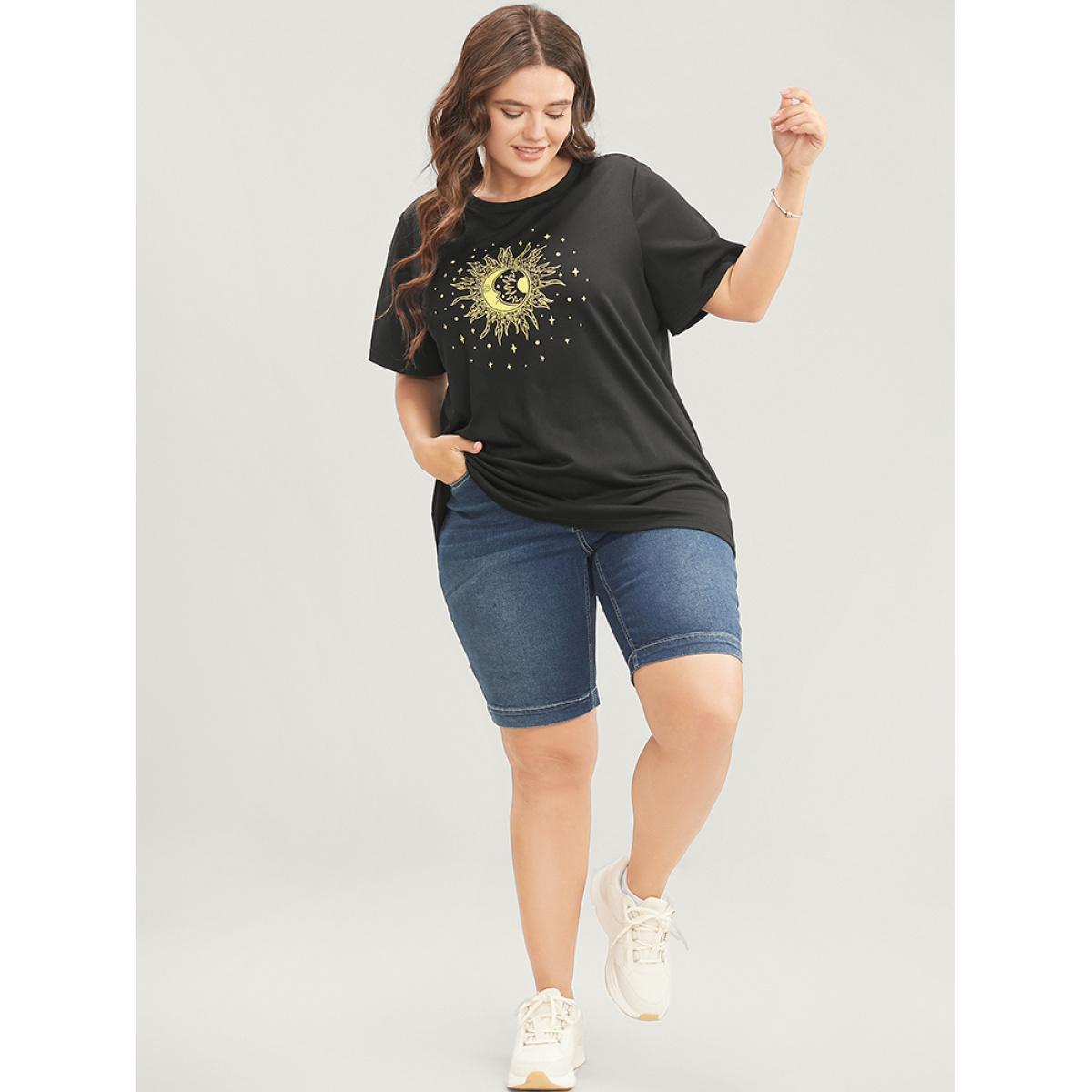 Plus Size Moon And Star Round Neck T-shirt DimGray Women Casual Printed Star and moon Dailywear T-shirts BloomChic 12/L Product Image