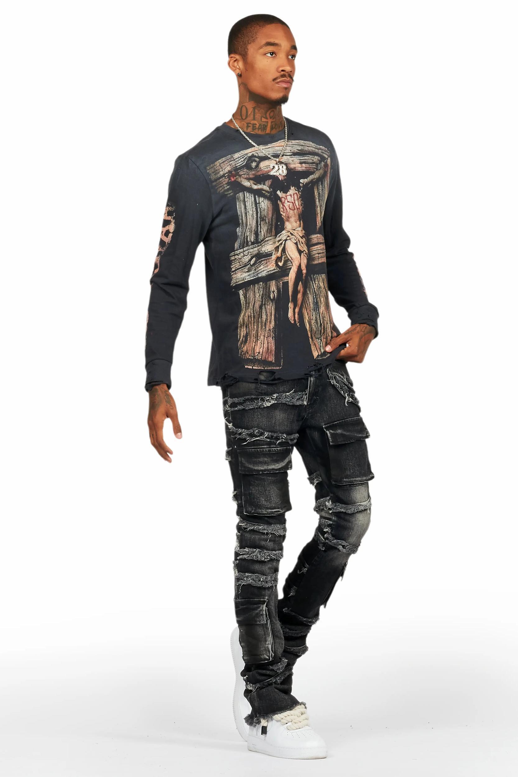 Yves Black Stacked Flare Cargo Jean Male Product Image