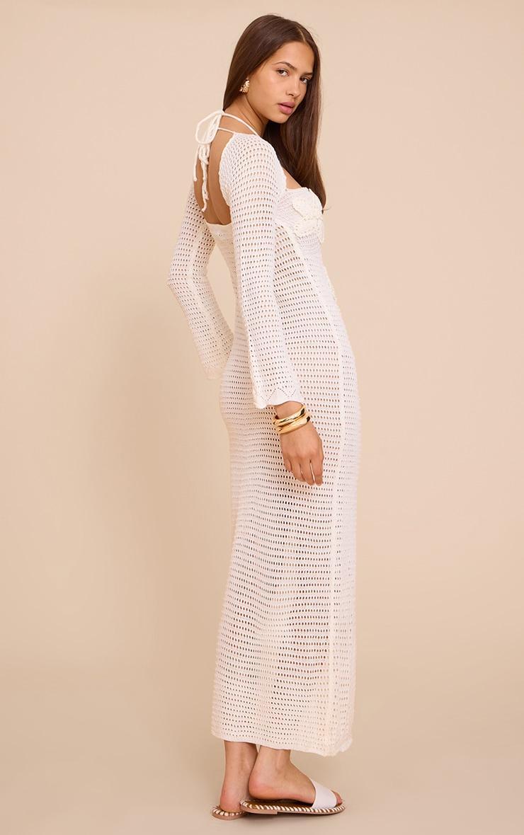 Ecru Flower Applique Long Sleeve Crochet Maxi Dress Product Image