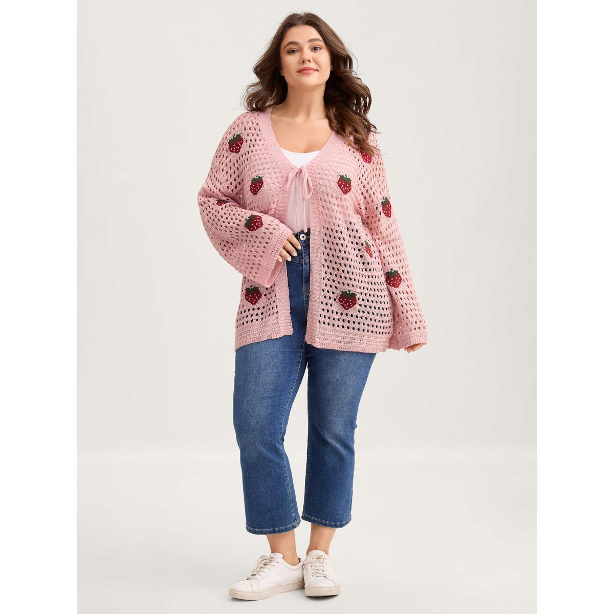 Plus Size Strawberry Jacquard Embroidery Tie Knit Cardigan Nudepink Women Loose Long Sleeve Everyday-Casual Cardigans BloomChic 22-24/3X Product Image