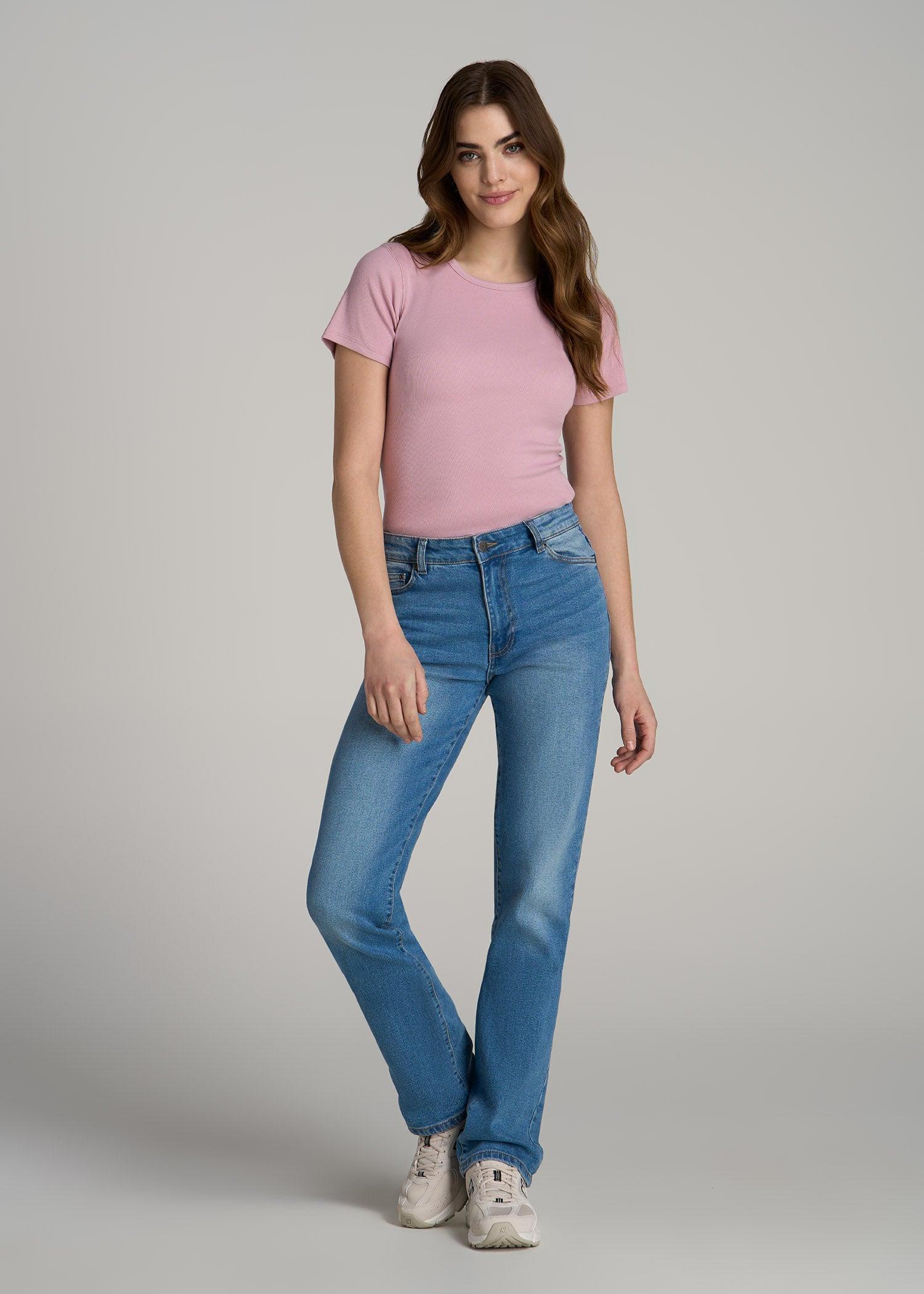 Short Sleeve Crew Neck Ribbed T-Shirt for Tall Women in Pink Peony Female Product Image