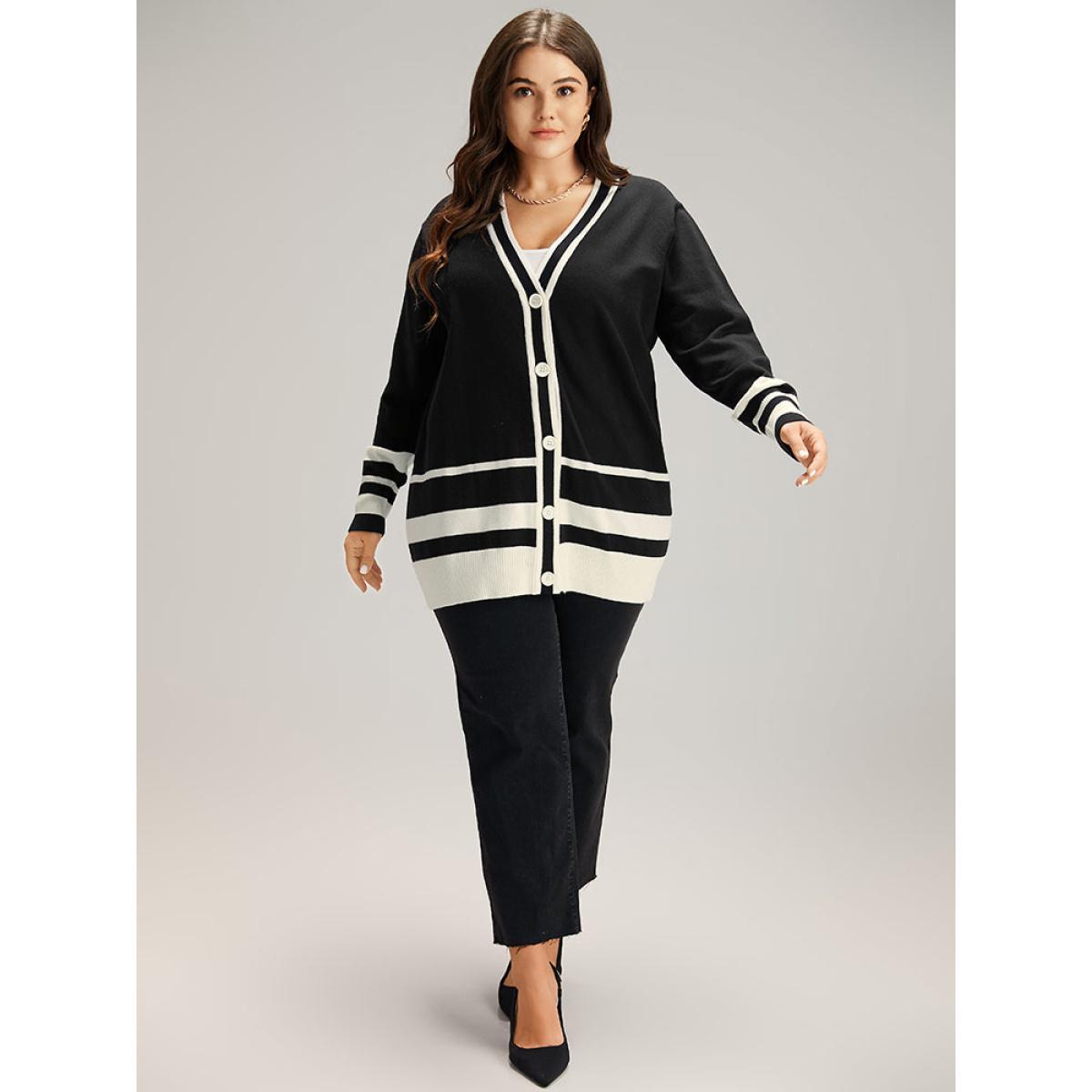 Plus Size Supersoft Essentials Anti-Pilling Contrast Button Up Cardigan Black Women Casual Loose Long Sleeve Dailywear Cardigans BloomChic 26/4X Product Image
