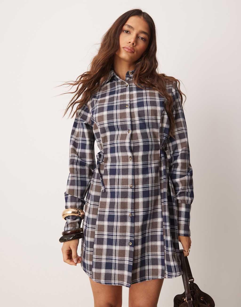 ASOS DESIGN oversized cinch waist shirt in brushed plaid Product Image