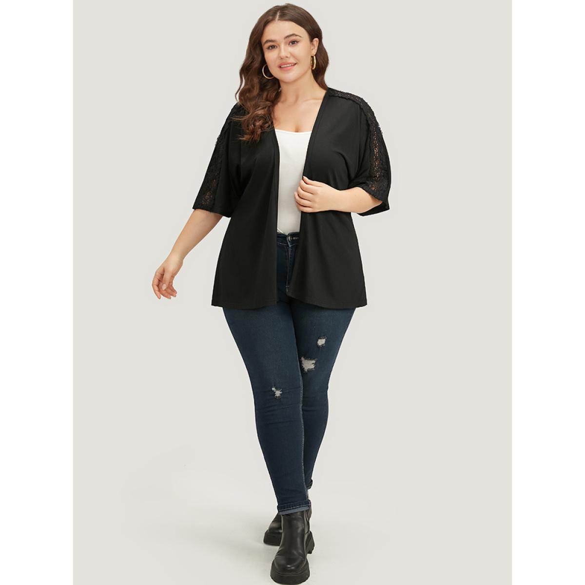 Plus Size Halloween Supersoft Essentials Plain Lace Panel Open Front Kimono Women Black Casual Plain Dailywear Kimonos BloomChic 30/6X Product Image