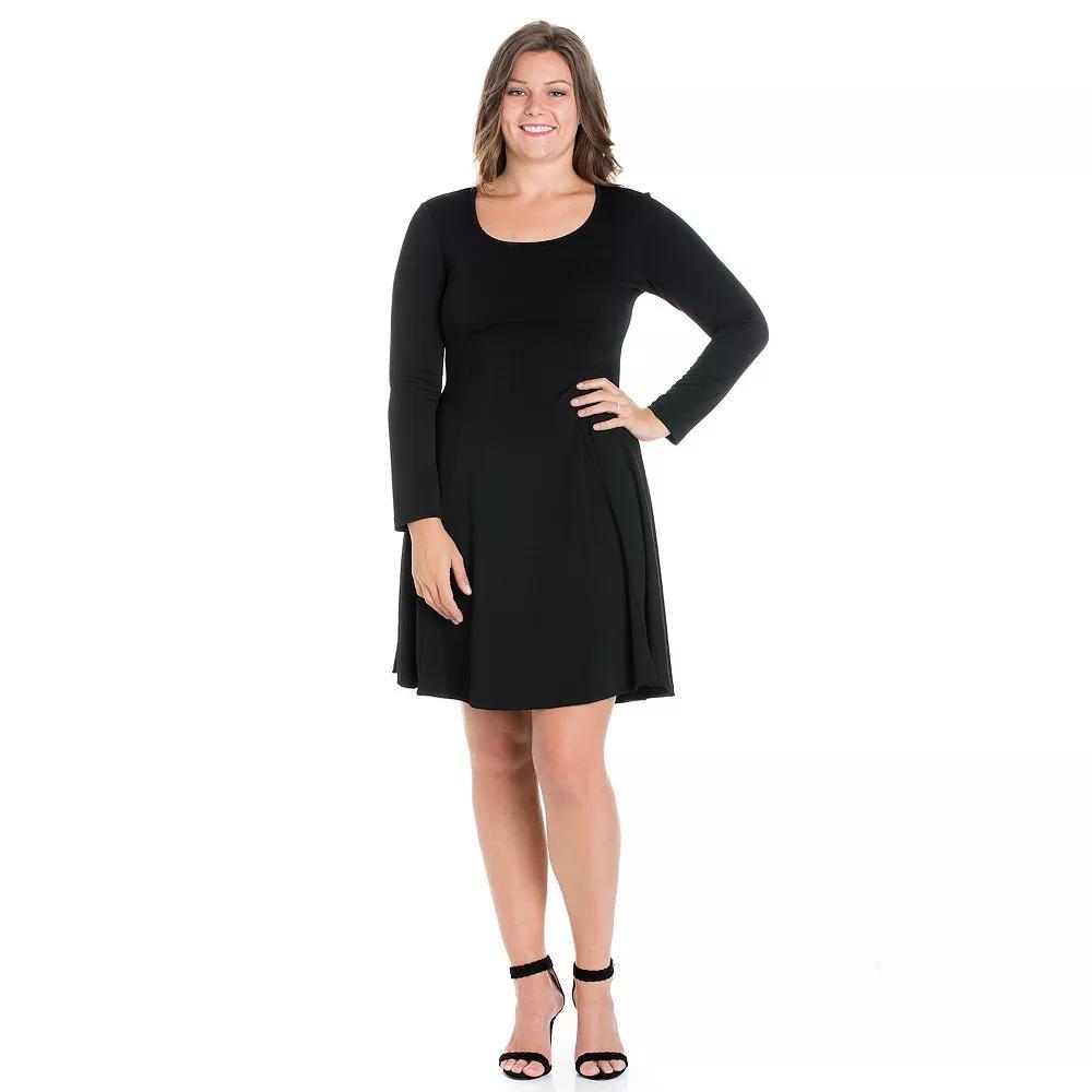 Plus Size 24seven Comfort Apparel Long Sleeve Knee Length Skater Dress, Women's, Size: 2XL, Black Product Image