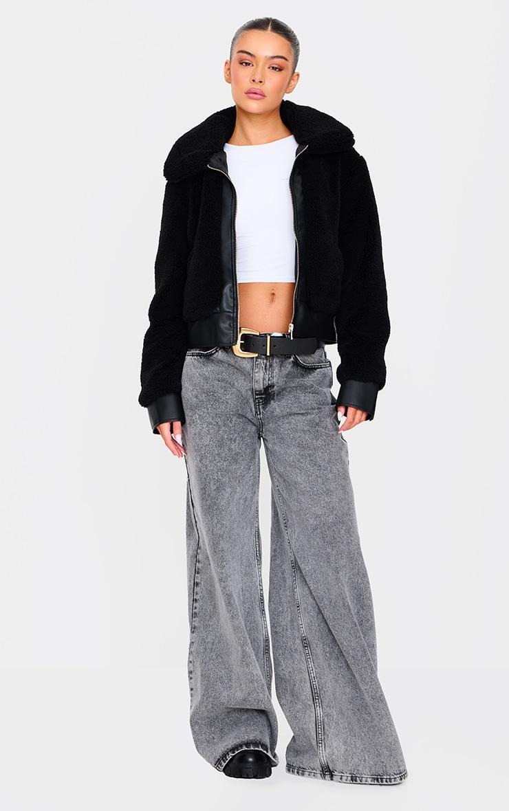 Black Plush Faux Fur Contrast Faux Leather Zip Up Jacket Product Image