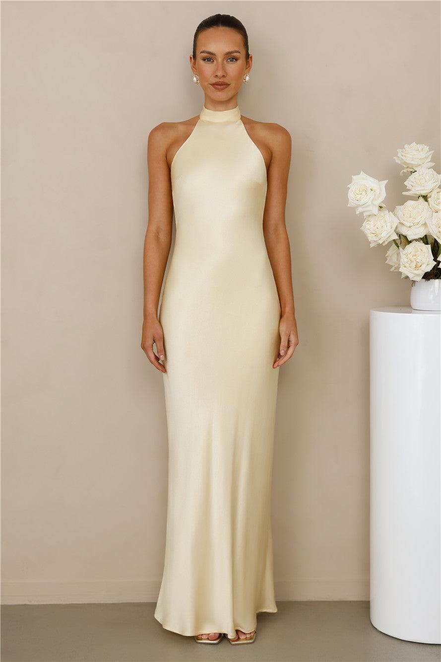 The Cleo Halter Satin Maxi Dress Yellow Product Image