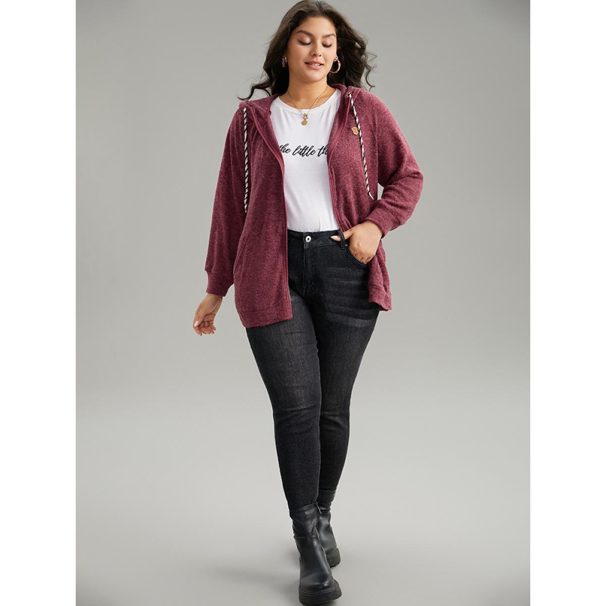 Plus Size Solid Badge Trim Drawstring Zipper Jacket Women Burgundy Zipper Pocket Dailywear Jackets BloomChic 10/M Product Image