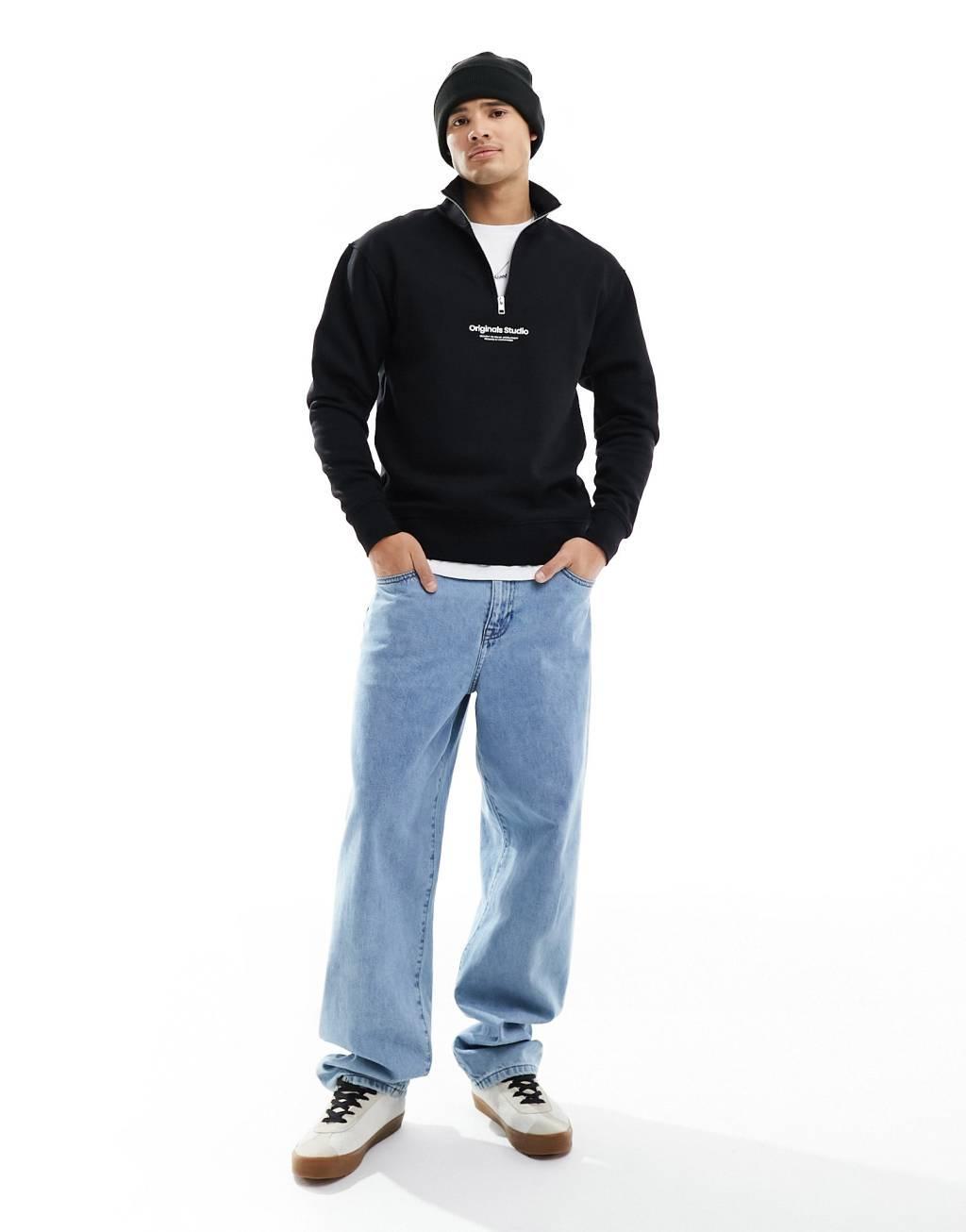 Jack & Jones 1/4 zip sweat with central logo in black Product Image