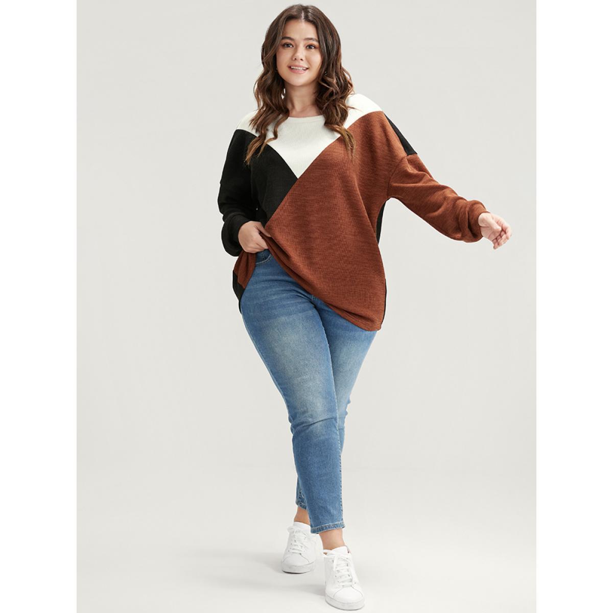 Plus Size Colorblock Contrast Rib Knit Drop Shoulder Sweatshirt Women Multicolor Elegant Patchwork Round Neck Dailywear Sweatshirts BloomChic 22-24/3X Product Image