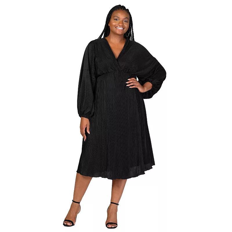 Plus Size 24Seven Comfort Apparel Shimmer Pleated V Neck Empire Waist Bishop Sleeve Midi Dress, Women's, Size: 3XL, Black Product Image