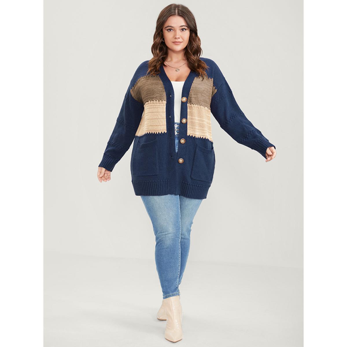 Plus Size Colorblock Contrast Pointelle Knit Pocket Jacquard Button Front Cardigan Multicolor Women Casual Loose Long Sleeve Dailywear Cardigans BloomChic 28/5X Product Image