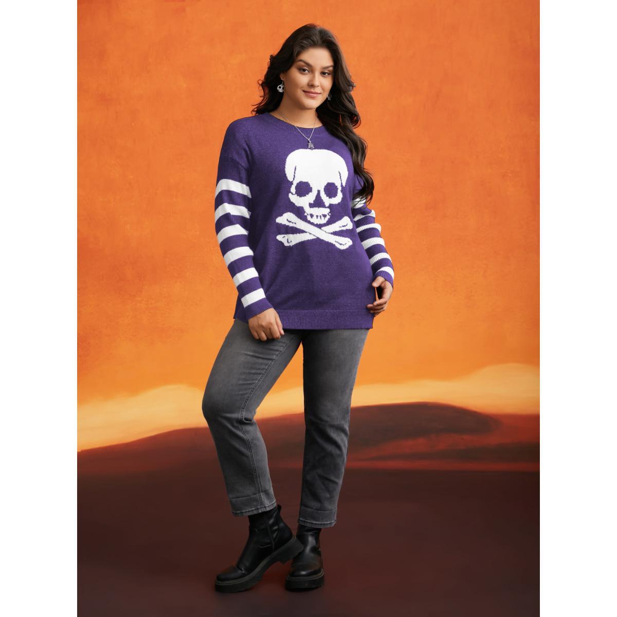 Plus Size Supersoft Essentials Gothic Skull Striped Sleeves Pullover Deeppurple Women Casual Loose Long Sleeve Round Neck Everyday Pullovers BloomChic 12/L Product Image