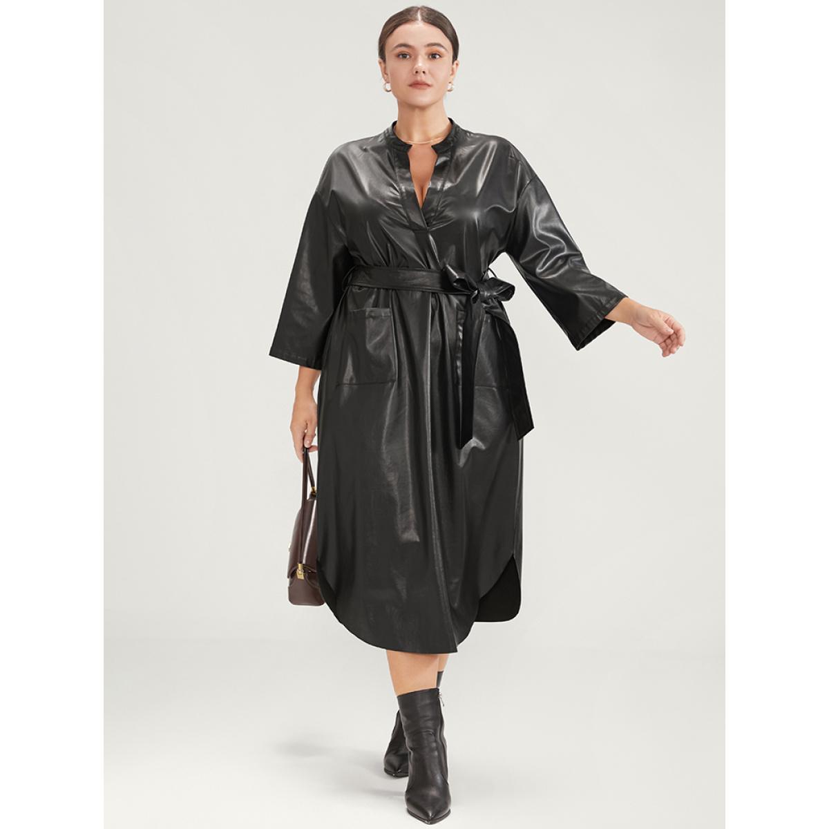 Plus Size PU Leather Pocket Belted Arc Hem Dress Black Women Party Belted V-neck Elbow-length sleeve Curvy Midi Dress BloomChic 22-24/3X Product Image