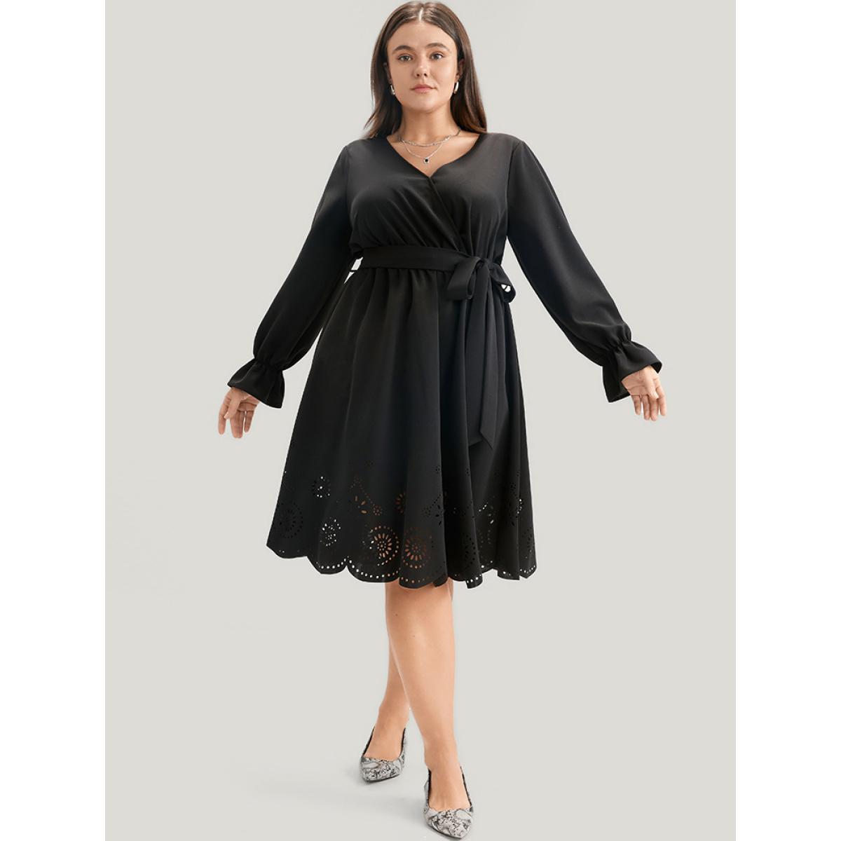 Plus Size Solid Wrap Pocket Belted Laser Cut Knee Dress Black Women Elegant Plain V-neck Long Sleeve Curvy Knee Dress BloomChic 18-20/2X Product Image