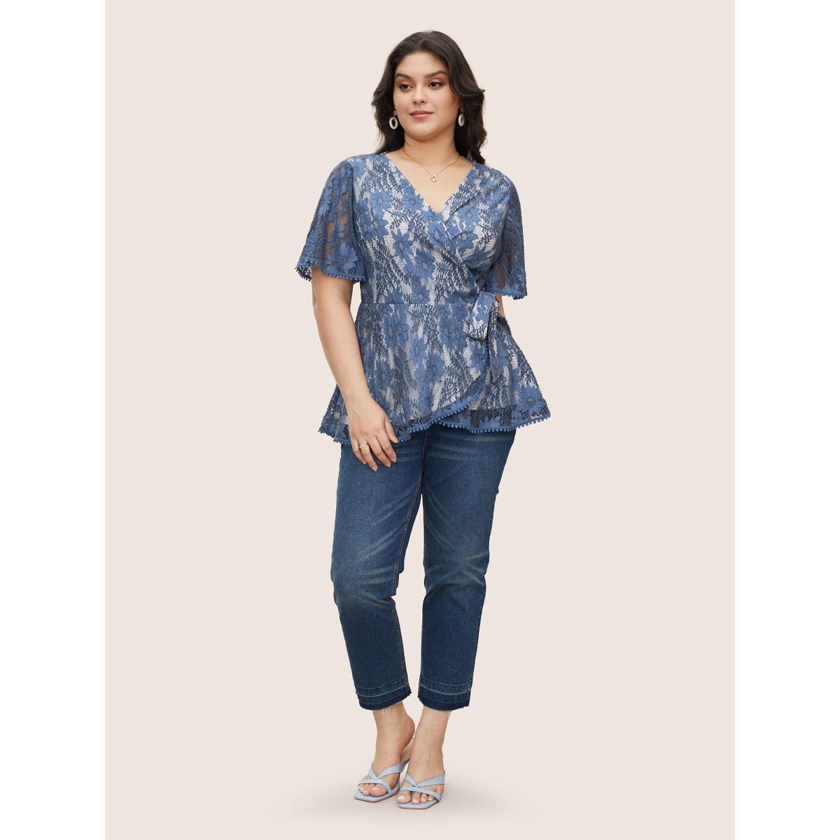 Plus Size DarkBlue Floral Crochet Lace Mesh Pompom Trim Blouse Women Elegant Short sleeve Overlap Collar Everyday Blouses BloomChic 28/5X Product Image