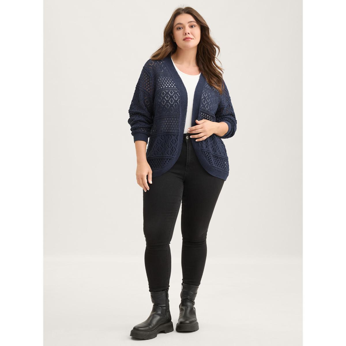 Plus Size Textured Cut-Out Arc Hem Lightweight Cardigan Indigo Women Loose Long Sleeve Everyday-Casual Cardigans BloomChic 30/6X Product Image