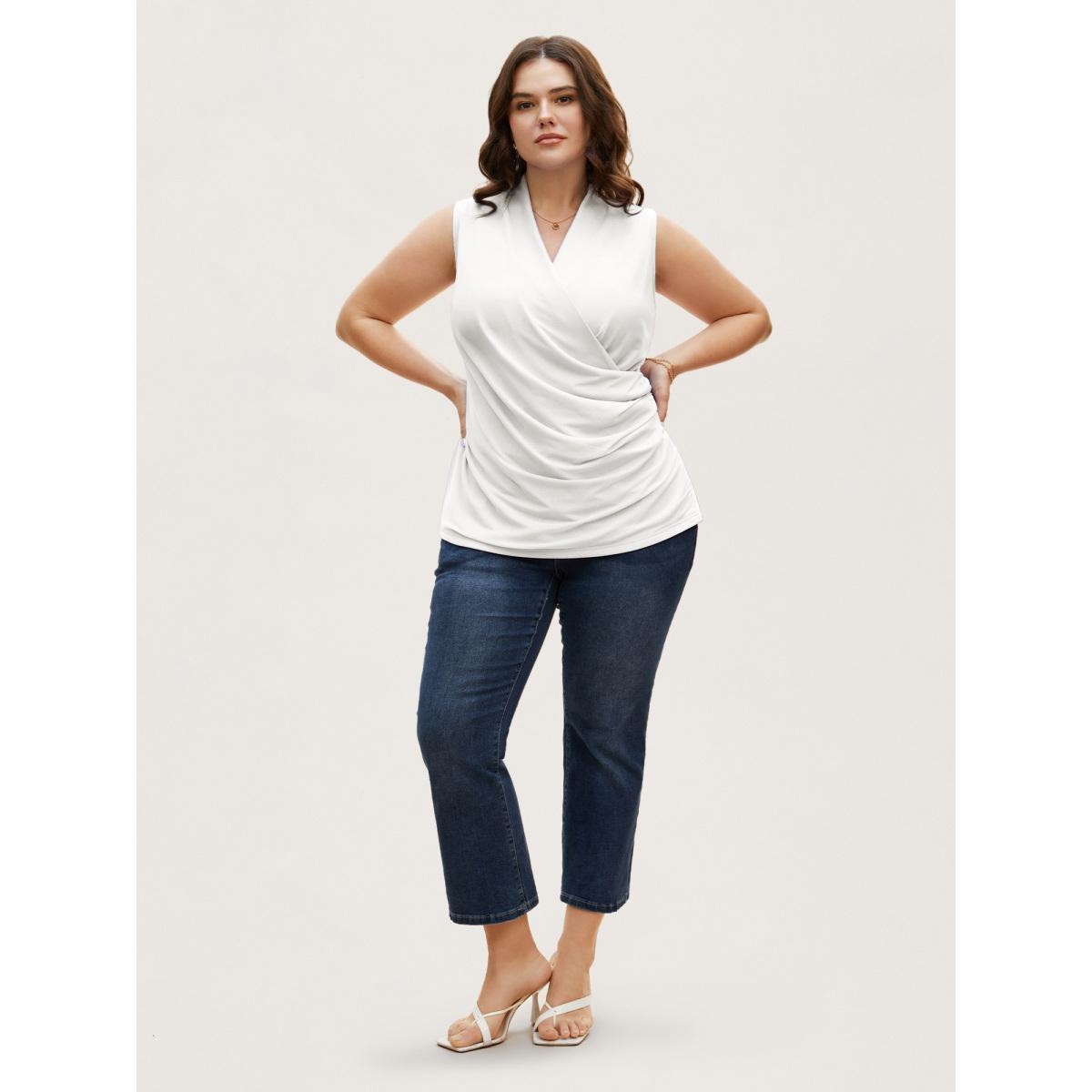 Plus Size Overlap Collar Solid Pleated Tank Top Women Ivory Elegant Pleated Overlap Collar Everyday Tank Tops Camis BloomChic 22-24/3X Product Image