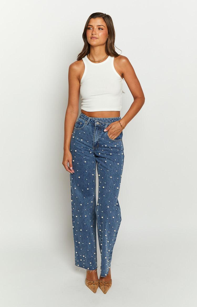 Denim Dazzle Pearl Mid Wash High Waisted Jeans Girls Product Image