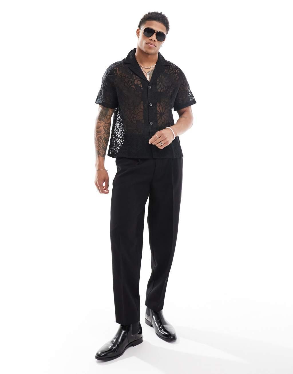 ASOS DESIGN boxy relaxed deep revere all over embroidered shirt in black  Product Image