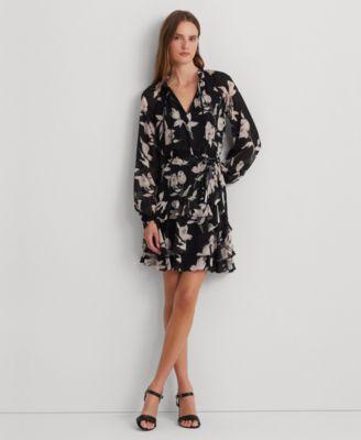 Lauren Ralph Lauren Floral Belted Crinkle Georgette Dress Multi) Women's Dress Product Image