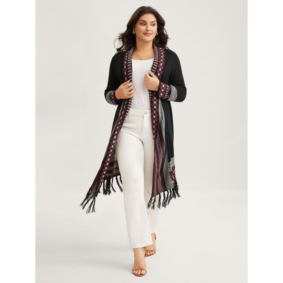 Plus Size Bandana Print Fringe Trim Maxi Cardigan Burgundy Women Casual Long Sleeve Everyday Cardigans BloomChic 10/M Product Image